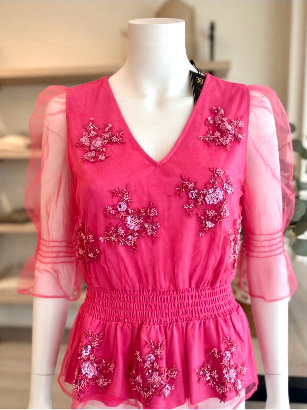 DG2 by Diane Gilman Fuchsia Embroidered Mesh-Sleeve High-Low Dress